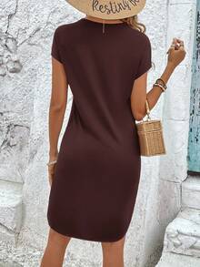 SHEIN Frenchy 拼接水溶蕾絲蝙蝠袖弧形下擺連衣裙 - 鏽棕色 - 查看 2