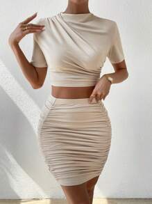 Chiquease Camiseta crop de cuello alto & Falda ajustada fruncido - Albaricoque - Ver 4