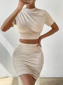 Chiquease Camiseta crop de cuello alto & Falda ajustada fruncido - Albaricoque - Ver 6