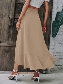 SHEIN LUNE 素色荷葉邊圍裹側打結半身裙 - 卡其色 - 查看 2