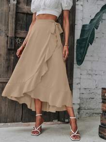SHEIN LUNE 素色荷葉邊圍裹側打結半身裙 - 卡其色 - 查看 5