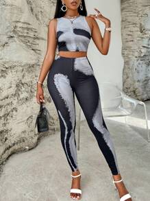 Zolique 筆刷圖案短款背心和緊身打底褲 - 黑色 - 查看 1