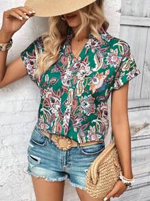SHEIN LUNE Áo sơ mi nữ Hoa Paisley Boho - màu xanh lá - Xem 6
