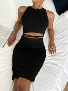 SHEIN Essnce Cut Out Waist Bodycon Dress - Black - View 1