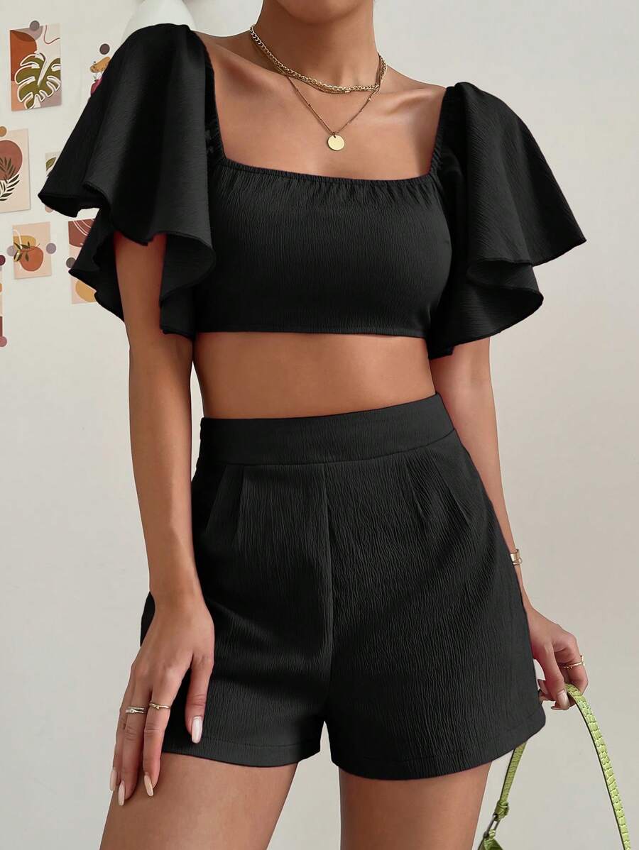 SHEIN Privé de cuello cuadrado de manga mariposa Top crop & Shorts - Negro - Ver 1