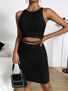 SHEIN Essnce Cut Out Waist Bodycon Dress - Black - View 3