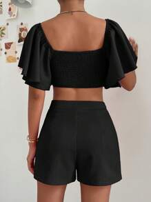 SHEIN Privé de cuello cuadrado de manga mariposa Top crop & Shorts - Negro - Ver 2