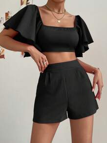 SHEIN Privé de cuello cuadrado de manga mariposa Top crop & Shorts - Negro - Ver 3