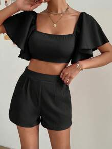 SHEIN Privé de cuello cuadrado de manga mariposa Top crop & Shorts - Negro - Ver 4