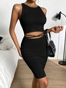 SHEIN Essnce Cut Out Waist Bodycon Dress - Black - View 5