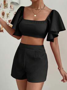 SHEIN Privé de cuello cuadrado de manga mariposa Top crop & Shorts - Negro - Ver 5