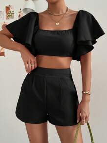 SHEIN Privé de cuello cuadrado de manga mariposa Top crop & Shorts - Negro - Ver 6