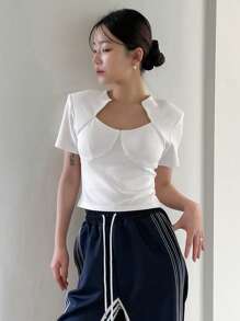 DAZY Solid Asymmetrical Neckline Crop Tee