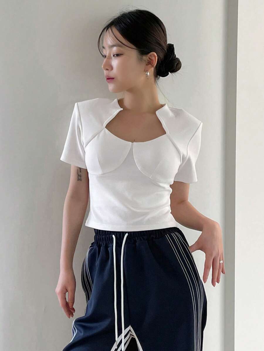 DAZY Solid Asymmetrical Neckline Crop Tee
