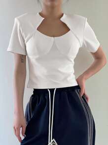 DAZY Solid Asymmetrical Neckline Crop Tee