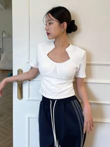 DAZY Solid Asymmetrical Neckline Crop Tee