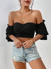 SHEIN Privé 一字肩荷葉袖短款上衣