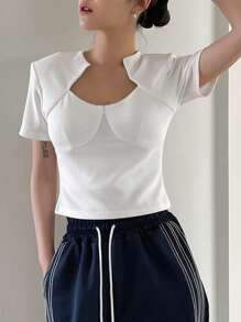 DAZY Solid Asymmetrical Neckline Crop Tee