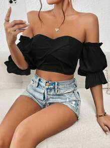 SHEIN Privé 一字肩荷葉袖短款上衣