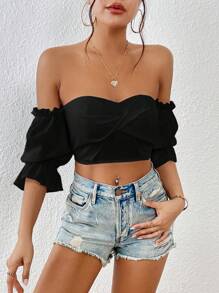 SHEIN Privé 一字肩荷葉袖短款上衣