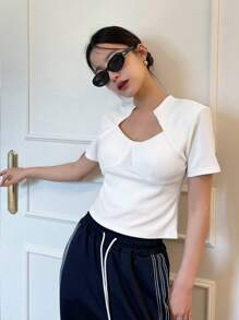 DAZY Solid Asymmetrical Neckline Crop Tee