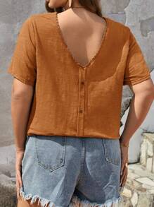 SHEIN Frenchy Plus Solid Button Back Tee - Ginger - View 1