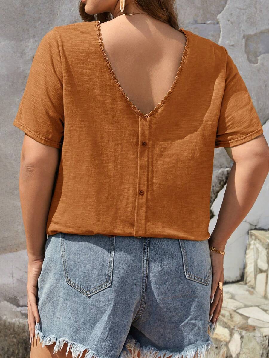 SHEIN Frenchy Plus Solid Button Back Tee - Ginger - View 1