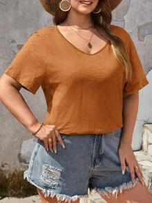 SHEIN Frenchy Plus Solid Button Back Tee - Ginger - View 2