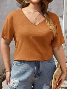 SHEIN Frenchy Plus Solid Button Back Tee - Ginger - View 3