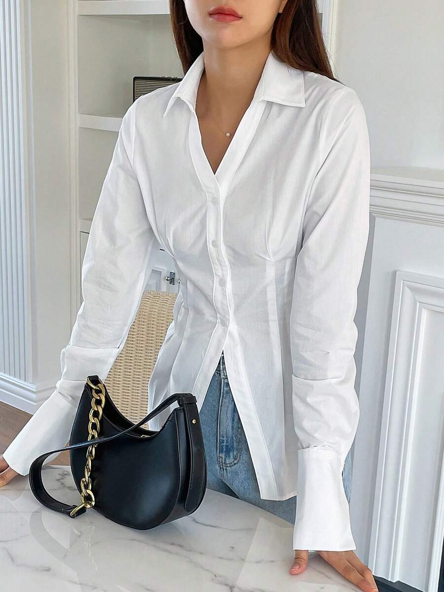 DAZY Solid Button Front Drop Shoulder Shirt Long Sleeve Top - White - View 1