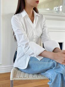 DAZY Solid Button Front Drop Shoulder Shirt Long Sleeve Top - White - View 2