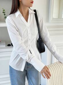 DAZY Solid Button Front Drop Shoulder Shirt Long Sleeve Top - White - View 3
