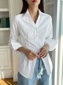 DAZY Solid Button Front Drop Shoulder Shirt Long Sleeve Top - White - View 5