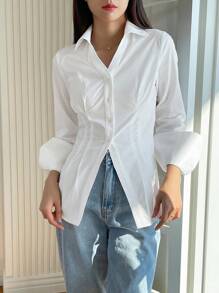 DAZY Solid Button Front Drop Shoulder Shirt Long Sleeve Top - White - View 8