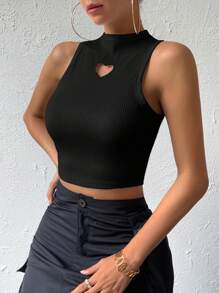 SHEIN Essnce Heart Cut Out Mock Neck Crop Tank Top - Black - View 1
