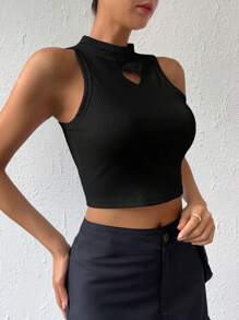 SHEIN Essnce Heart Cut Out Mock Neck Crop Tank Top - Black - View 3