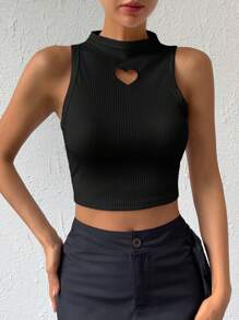 SHEIN Essnce Heart Cut Out Mock Neck Crop Tank Top - Black - View 4