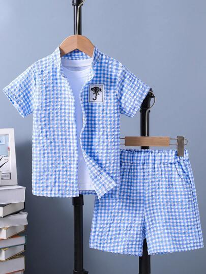 SHEIN 男小童格子圖案襯衫&短褲不帶T恤