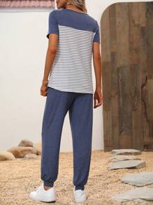 SHEIN LUNE Striped Patched Pocket Tee & Knot Front Joggers - Multicolor - View 2