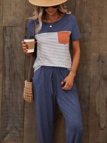 SHEIN LUNE Striped Patched Pocket Tee & Knot Front Joggers - Multicolor - View 3