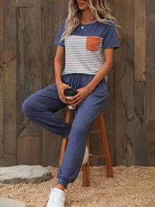 SHEIN LUNE Striped Patched Pocket Tee & Knot Front Joggers - Multicolor - View 4