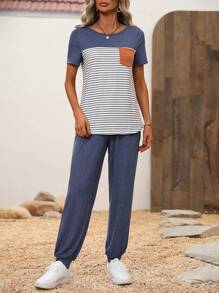 SHEIN LUNE Striped Patched Pocket Tee & Knot Front Joggers - Multicolor - View 5