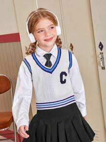 SHEIN Cô gái Tween Thư được vá Sọc trang trí Xoắn Dan Áo len vest Không có áo lót - trắng - Xem 1