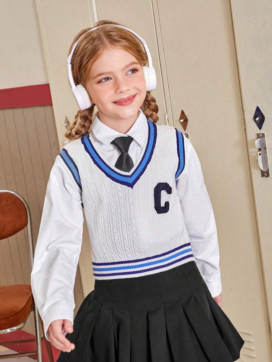 SHEIN Cô gái Tween Thư được vá Sọc trang trí Xoắn Dan Áo len vest Không có áo lót - trắng - Xem 1