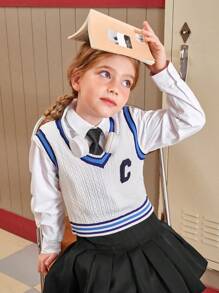 SHEIN Cô gái Tween Thư được vá Sọc trang trí Xoắn Dan Áo len vest Không có áo lót - trắng - Xem 4