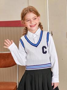 SHEIN Cô gái Tween Thư được vá Sọc trang trí Xoắn Dan Áo len vest Không có áo lót - trắng - Xem 5