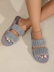 女士極簡毛茸茸臥室拖鞋,時尚室內家居拖鞋 - 灰色 - 查看 4