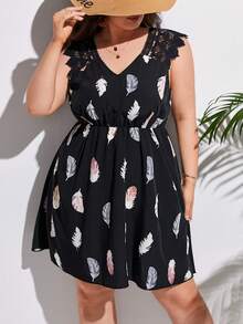 SHEIN Frenchy 大碼羽毛印花蕾絲拼接洋裝 - 黑色 - 查看 4