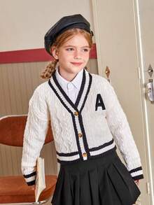 SHEIN 女大童字母貼布條紋飾邊麻花編織落肩袖開襟衫 - 白色 - 查看 3