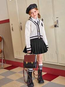 SHEIN 女大童字母貼布條紋飾邊麻花編織落肩袖開襟衫 - 白色 - 查看 4